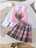 Ensemble 3 pièces Chemise unie casual, Gilet à motif de cœurs à carreaux et Jupe à carreaux